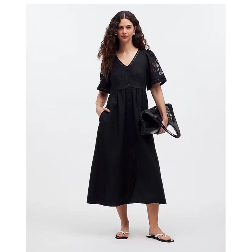 Madewell Cassie Dress Womens XS Black Linen Button Eyelet Sleeve Maxi Fit Flare
